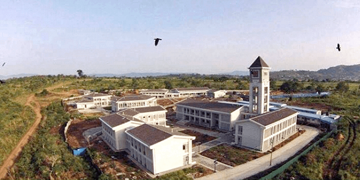 The classroom block (with the tower), opposite the laboratory block, on the University of Health and Allied Sciences campus.