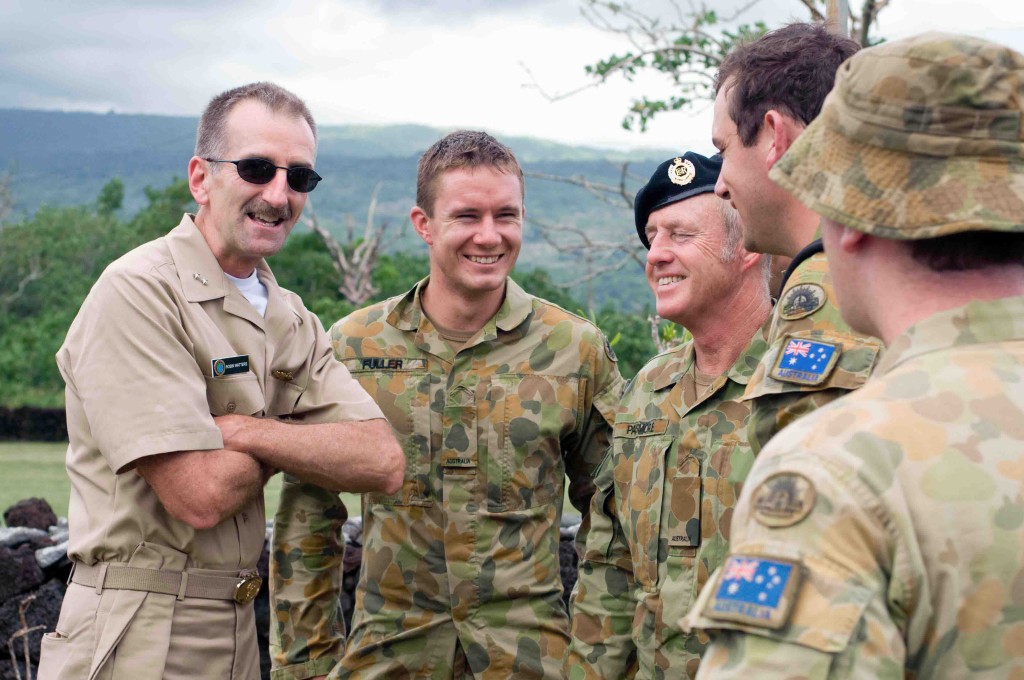 090703-N-9689V-007 SAVAI, Samoa (July 3, 2009) Reserve Deputy and Chief of Staff, U.S. Pacific Fleet, Rear Adm. Robin M. Watters greets an Australian Army engineering contingent. The Australian engineers will meet up with the Seabees of Amphibious Construction Battalion (ACB) 1 and Naval Mobile Construction Battalion (NMCB) 1 who are currently renovating the assembly hall at the Sasina Primary School during a Engineering Civic Action Project (ENCAP) held during Pacific Partnership 2009. The Sasina Primary School provides education for children first through eighth grade and acts as a community meeting hall when school is not in session. The U.S. Navy's Pacific Partnership is the dedicated humanitarian and civil assistance mission conducted by, with and through partner nations, non-governmental organizations and other U.S. and international government agencies to execute a variety of humanitarian civic action missions in the Pacific Fleet area of responsibility. This year Pacific Partnership will travel to Oceania, including Kiribati, Republic of the Marshall Islands, Samoa, Solomon Islands and Tonga. (U.S. Navy photo by Mass Communication Specialist 2nd Class Joshua Valcarcel/Released)
