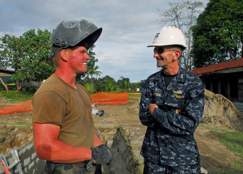 Kokopo, Papua New Guinea (Sep. 04, 2010): Rear Admiral Robin M. Watters, Chief of Staff, Pacific Command, talks with Hull Technician 2nd Class Peter Hughes during a visit to an engineering civic action program at the Vunamami Farmer’s Training Center.  The Royal Australian Navy ship HMAS Tobruk (L50), along with a contingent of 64 Sailors and non-governmental organization members from the USNS Mercy (T-AH 19), is in Papua New Guinea conducting the final leg of Pacific Partnership 2010, the fifth in a series of annual U.S. Pacific Fleet humanitarian and civic assistance endeavors aimed to strengthen regional partnerships.  (U.S. Navy photo by Mass Communication Specialist 2nd Class Eddie Harrison/Released)